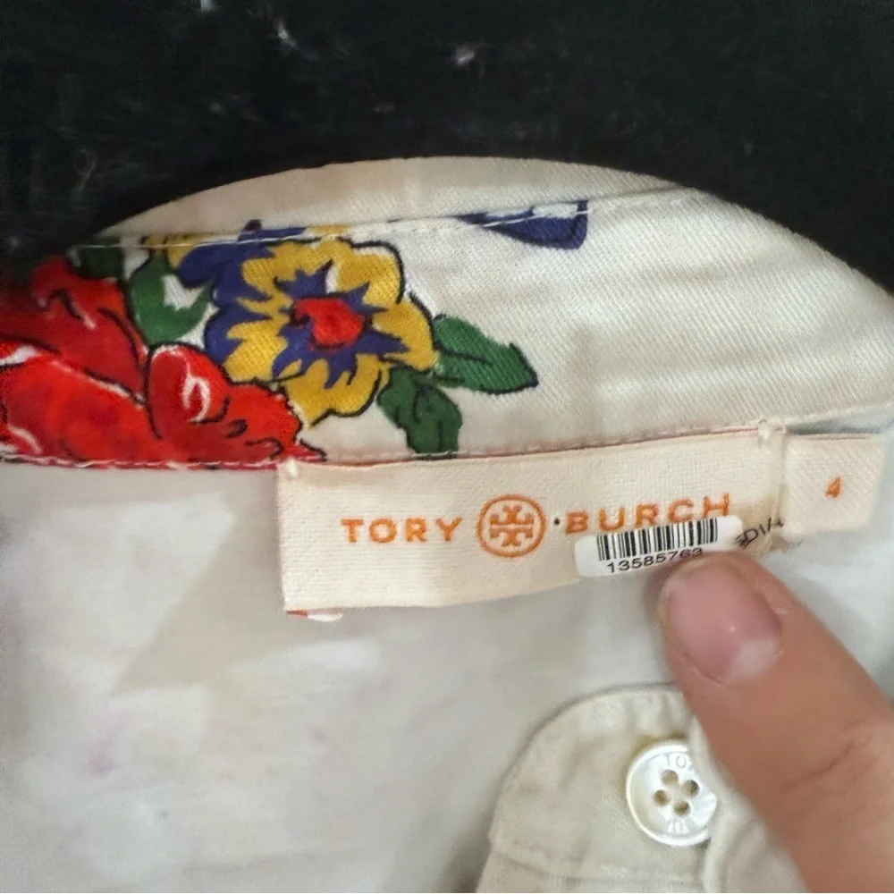 Tory Burch Blouse Twill Safari Top Button Down in Ivory Tea Rose